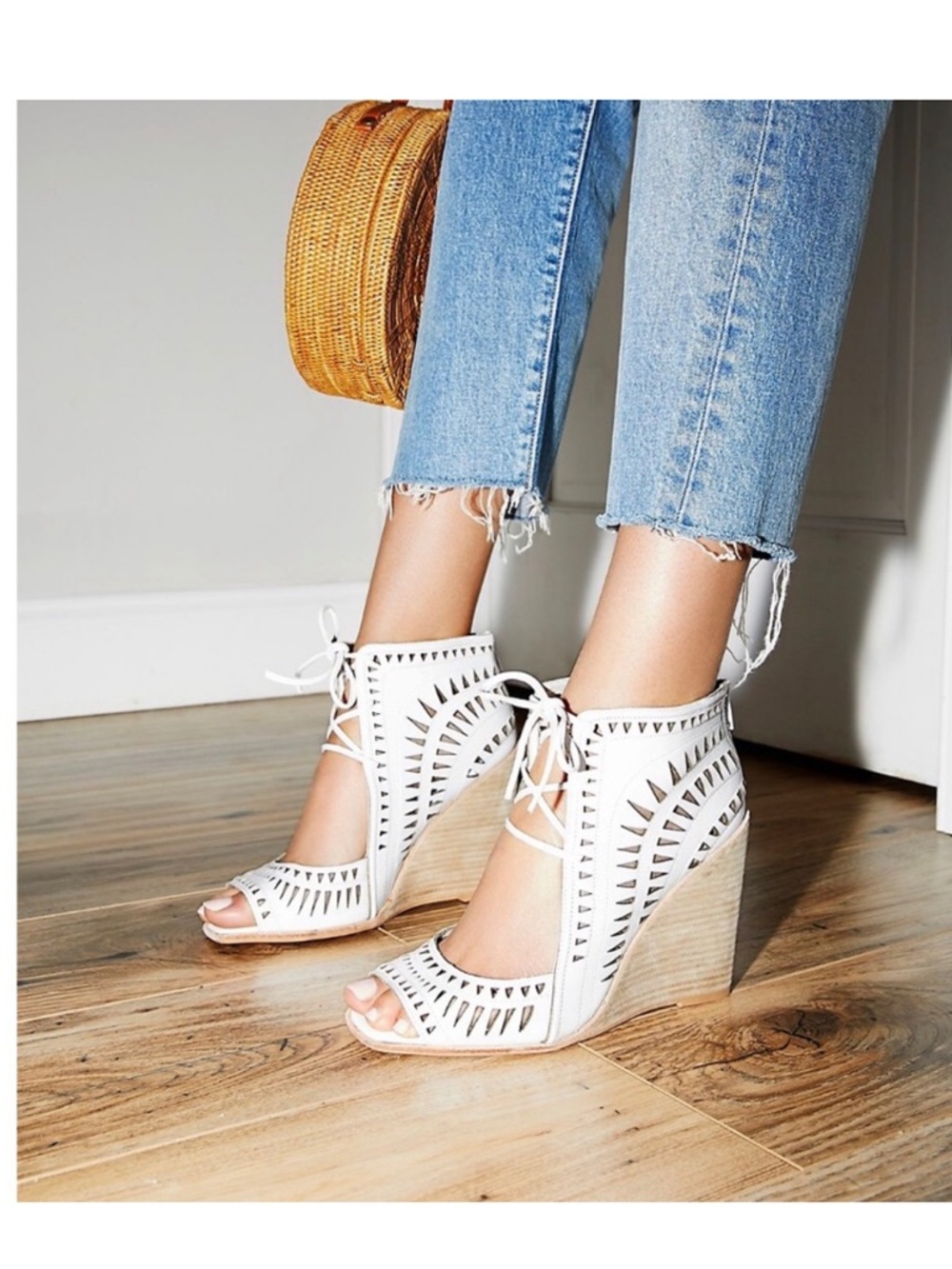 Jeffrey Campbell White Laser-Cut Lace-Up Wedge Sandals